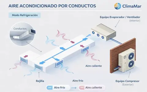 Diagrama ilustra el **consumo aire acondicionado por conductos** en modo refrigeración, mostrando el equipo interior y exterior, conductos y rejillas.