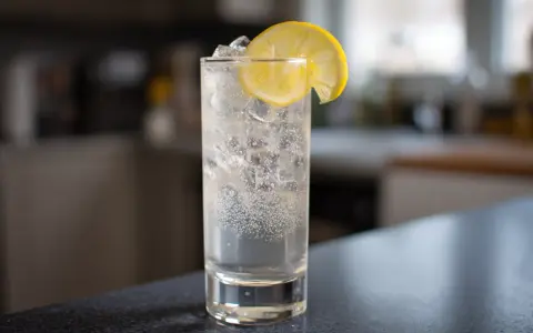 Ett glas med is och bubblor, toppad med en citronskiva. En klassisk Tom Collins, redo att avnjutas.