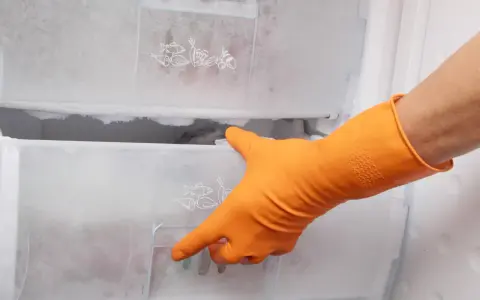 Orange-gloved hand opens a frosty drawer in a freezer. Time to gefrierfach abtauen.