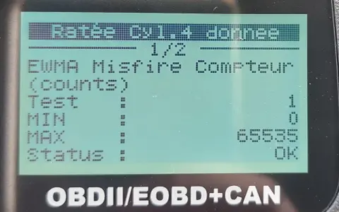 P1337 Citroen: EWMA Misfire Compteur (counts) Test: 1, MIN: 0, MAX: 65535, Status: OK.