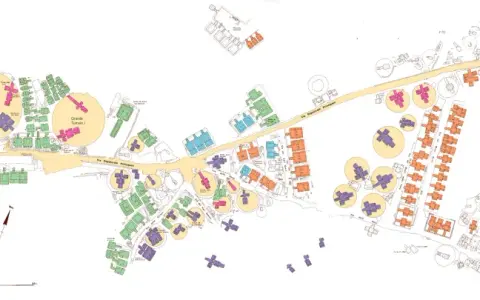 Map of the Etruscan necropolis of Banditaccia, Cerveteri, showing various tombs and tumuli, color-coded for identification.