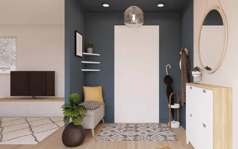 Ingresso moderno con panca, specchio rotondo e scarpiera. Idee particolari per un'accoglienza funzionale e di stile.