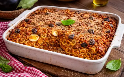 Piatto di anelletti alla siciliana appena sfornato, con uova sode, olive nere e una croccante panatura.