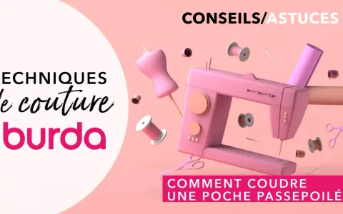 Techniques de couture Burda : comment faire une poche passepoilée. Machine à coudre rose, fils, ciseaux et mannequin de couture.