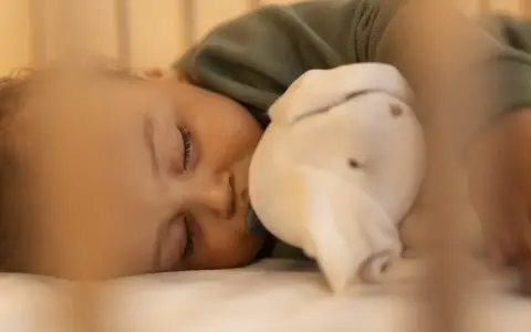 Dulce sueño de bebé de 6 meses, abrazando su peluche mientras duerme plácidamente en su cuna.