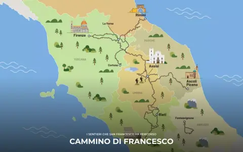 Mappa illustrata del Cammino di Francesco, che mostra i sentieri spirituali in Italia da Rimini ad Assisi, Rieti e oltre.