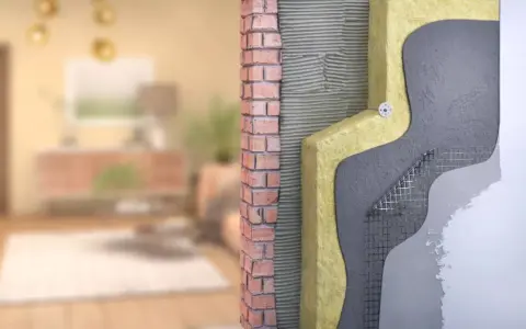 Corte de pared que muestra el aislamiento y la mampostería, parte de un sistema passivhaus para eficiencia energética.