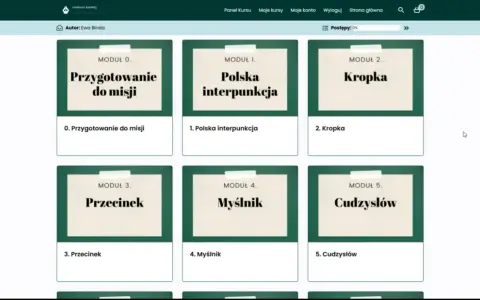 Moduły kursu o interpunkcji: przygotowanie, polska interpunkcja, kropka, przecinek, myślnik, cudzysłów.