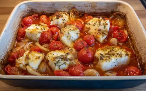 Läckert fisk i ugn med körsbärstomater och lök, doftande av örter. Enkel och god middag.