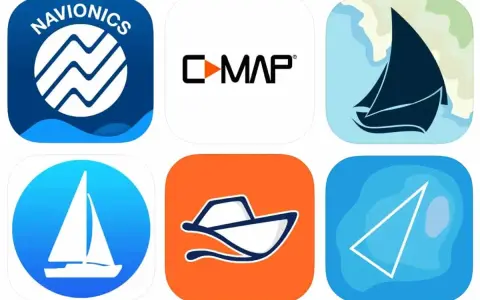Icônes d'applications de navigation : Navionics, C-MAP, voilier, bateau, carte marine.