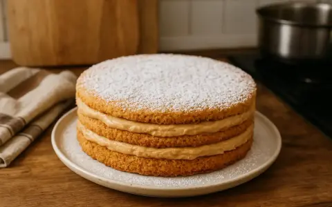 Un gâteau russe traditionnel, à la crème onctueuse et saupoudré de sucre glace, prêt à être dégusté.
