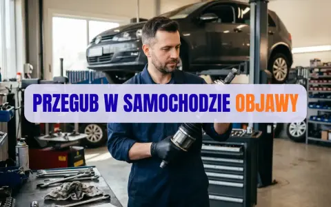 Mechanik ogląda przegub w samochodzie. Na ekranie napis "Przegub w samochodzie objawy".