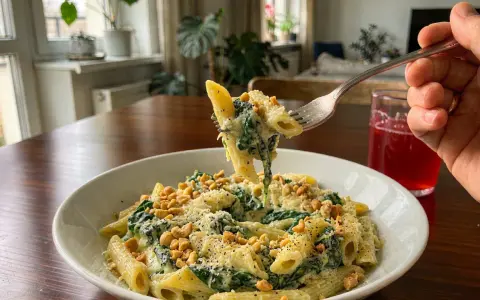 Penne z kremowym sosem, szpinak na gęsto i chrupiące orzeszki. Idealny obiad!