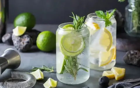 Orzeźwiające drinki z ginem, ozdobione plasterkami limonki, cytryny i gałązkami rozmarynu. Idealne na letnie wieczory.