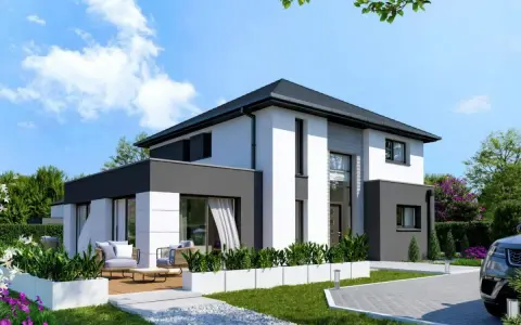 Maison moderne blanche et grise avec terrasse, jardin et allée. Le prix de construction de cette maison est un investissement pour un style de vie contemporain.