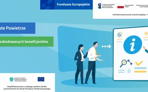 Ilustracja przedstawia ludzi i ikonę informacji na ekranie, symbolizującą poradnik.