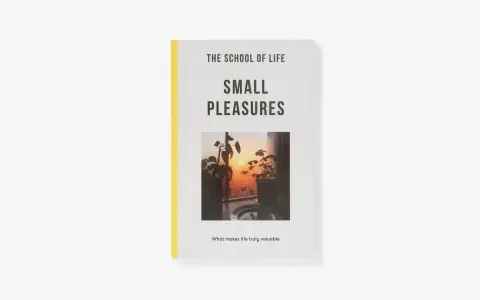 The School of Life book cover, "Small Pleasures," features a sunset view through a window with houseplants, reminding us of life's simple pleasures.