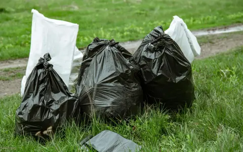 Workmen's bags of garden waste, including branches, sit on the grass. Czy można wywieźć gałęzie do lasu? This is not the right place.