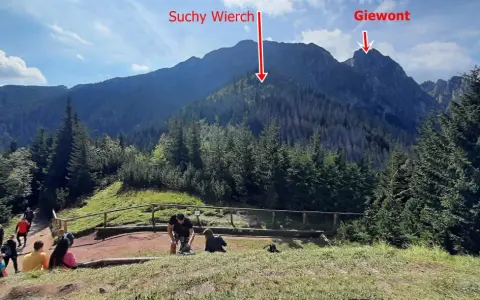 Widok na góry Suchy Wierch i Giewont. Ludzie odpoczywają na szlaku, podziwiając sarnią skałę i jej wysokość.