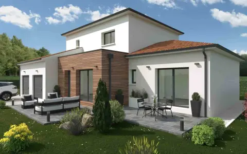 Une maison à étage moderne avec garage, terrasse aménagée et jardin verdoyant.