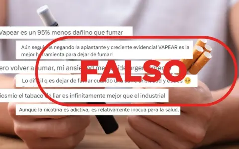 Debate sobre los pros y contras del vapeo. Mensajes que afirman que vapear es menos dañino que fumar, pero marcados con "FALSO" junto a cigarrillos.
