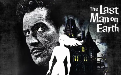 Il volto di Vincent Price domina l'immagine, con una casa gotica e una figura bianca spettrale. Un classico tra i migliori film distopici.