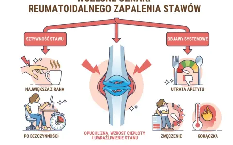 Wczesne objawy RZS: sztywność stawów, ból po bezczynności, utrata apetytu, zmęczenie, gorączka.