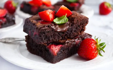 Pyszne brownie z truskawkami, polane czekoladą i ozdobione świeżymi owocami. Idealne na deser!