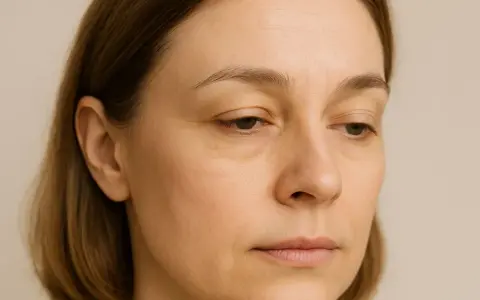 Kobieta z widocznymi zmarszczkami wokół oczu. Szuka domowych sposobów na opadające powieki, by odzyskać młodzieńczy wygląd.