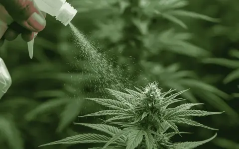 Mano rociando planta de cannabis con spray, mostrando cómo utilizar el vinagre como insecticida natural para protegerla.