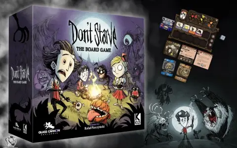 Pudełko gry planszowej "Don't Starve: The Board Game" z postaciami i potworami. Obok plansza gracza i karty.
