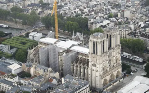 Widok z lotu ptaka na katedrę Notre Dame po pożarze, otoczoną rusztowaniami i placem budowy. Żuraw budowlany góruje nad okolicą.