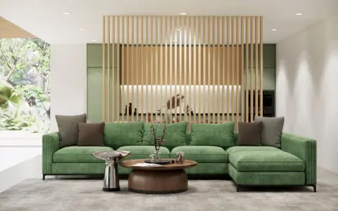 Un sofá verde es el centro de atención en este salón moderno. Descubre cómo combinar un sofá verde con tonos neutros y madera para un ambiente acogedor.