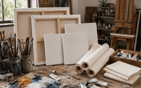 Un atelier d'artiste avec des toiles pour peindre, des pinceaux, des tubes de peinture et une palette.