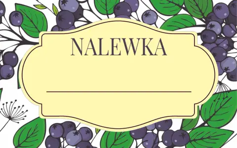 Ilustracja z aronią i liśćmi, z żółtą ramką z napisem "Nalewka".
