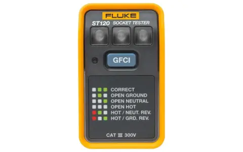 Testeur de prise Fluke ST120 pour savoir comment tester une prise électrique. Indique les défauts : terre ouverte, neutre ouvert, etc.
