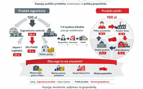 Porównanie wydatków: 100 zł na produkt zagraniczny vs. polski. Kupując polskie produkty, wspierasz polskie firmy, pracowników i budżet państwa.