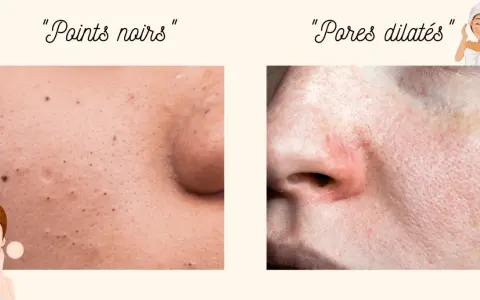 Gros plan sur la peau : points noirs d'un côté, et de l'autre, une zone avec des pores dilatés, suggérant un traitement.