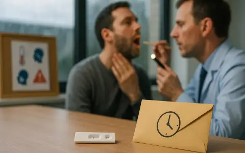 Lekarz bada gardło pacjenta. Na stole leży test i koperta z zegarem, sugerujące potrzebę pilnego leczenia, być może tabletki na gardło na receptę.
