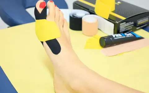 Taping haluksa z użyciem żółtej i czarnej taśmy kinezjotapingowej. W tle rolki taśm i tubka żelu.