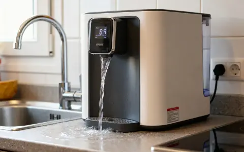 Un purificateur d'eau moderne verse de l'eau dans un évier de cuisine. L'appareil affiche "8.9" sur son écran numérique.