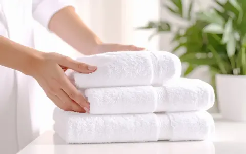 Manos arreglando toallas blancas y esponjosas. Aprende como quitar el olor a humedad de las toallas para que huelan siempre frescas.