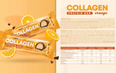 Pomarańczowy baton proteinowy z kolagenem, z kawałkami czekolady i pomarańczy. Idealna przekąska, gdy liczy się mieszanka krakowska kcal.