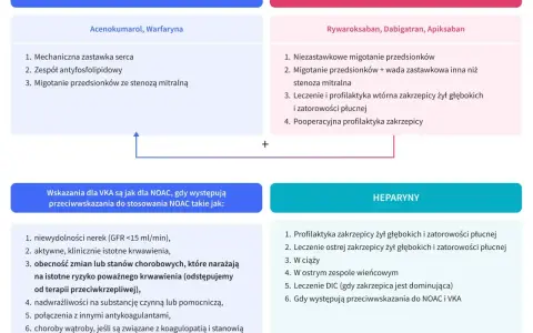 Porównanie leków przeciwzakrzepowych: VKA (acenokumarol, warfaryna) i NOAC (rywaroksaban, dabigatran, apiksaban). Wskazania i przeciwwskazania. Heparyny jako alternatywa, gdy eliquis zamiennik nie jest możliwy.