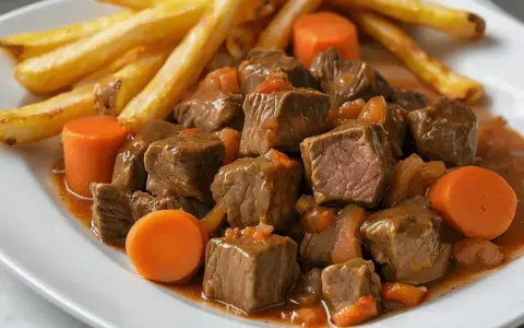 Tierna ternera en salsa con patatas fritas y zanahorias. Un plato reconfortante y delicioso.