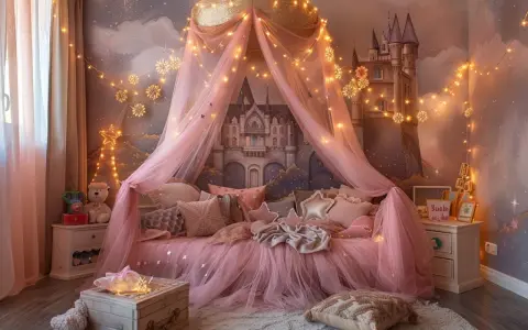 Lit de princesse féerique avec baldaquin rose, guirlandes lumineuses et château en arrière-plan. Une belle idée déco lit cabane pour un rêve enchanté.