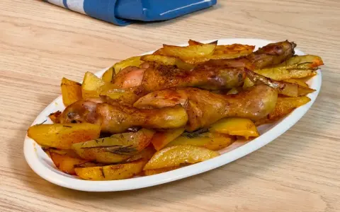 Pollo al forno con patate dorate e rosmarino, un piatto succulento pronto per essere gustato.