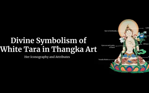 En detaljerad thangka-målning av White Tara, med förklaringar av hennes ikonografi och symbolik, inklusive lotusblomman och hennes mudras.