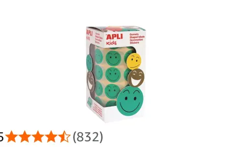 Caja de gomets de APPLI Kids con caritas sonrientes verdes, amarillas y marrones.