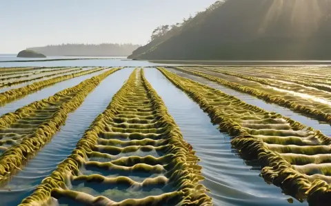 Fila di alghe coltivate in mare, un esempio di acquacoltura che si differenzia dall'itticoltura.